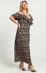 Giulia Midi Dress - One Shoulder Frill Detail Dress in Black Floral