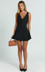 Zareena Mini Dress - V Neck Structured Tulip Pocket Detail Dress in Black