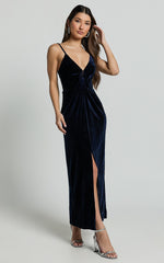 Rebecca Midi Dress - Front Twist Thigh Split Velvet Dress in Navy