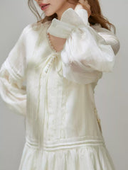 Elbow Sleeve Embroidered Ruffle Trim Tie Front Mini Dress