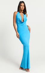 Sylvana Maxi Dress - Cowl Halter Neck Bodycon Dress in Blue