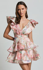 Amalie The Label - Layla Jacquard Flutter Sleeve Tiered Mini Dress in Blush