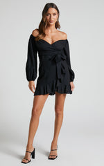 Cant Move On Off Shoulder Mini Linen Dress in Black Linen Look