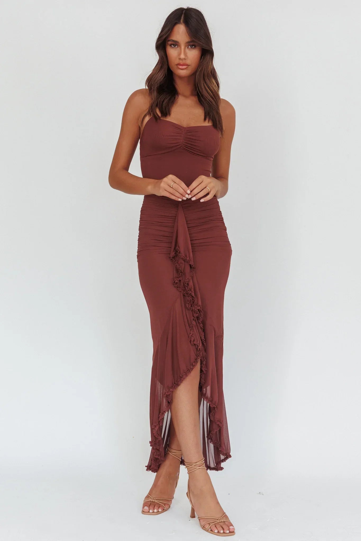 Kamilah Gathered Cascading Ruffle Midi Dress Maroon