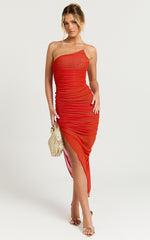Lyesha Maxi Dress - Ruched Asymmetric Bodycon Dress in Orange