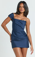 Stefania Mini Dress  - Asymmetrical Removable Skirk Ruched Strapless Bodycon Dress in Navy