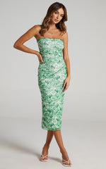 Brunetta Midi Dress - Strapless Mesh Dress in Green Furnishing Florals