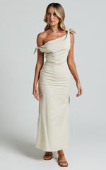 Cincinnati Midi Dress - Off The Shoulder Side Split Column Linen Dress in Beige