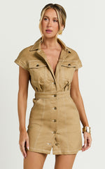 Audette Mini Dress - Short Sleeve Button Through Dress in Brown