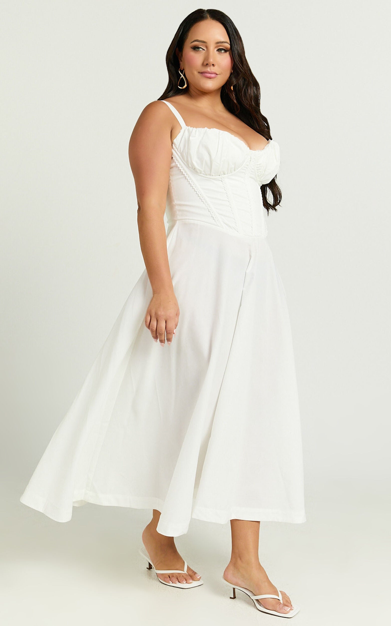 Jonas Midi Dress - Ruched Corset Lace Trim Dress in Ivory