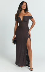 Alessia Maxi Dress - Off Shoulder Ruched Bodycon Dress in Chocolate