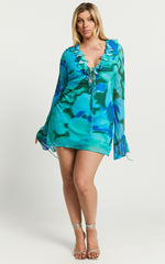 Alesya Mini Dress - Ruffle Plunge Neck Long Sleeve Tie Detail Dress in Blue Floral Print