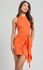 Aoife Mini Linen Dress - Sleeveless Scoop Neck Wrap Dress in Orange
