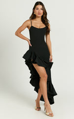 Maura Maxi Dress - Scoop Neckline Ruffle High Low Dress in Black