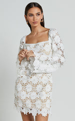 Cassie Mini Dress - Straight Neck Long Flared Sleeve Tie Back Lace Dress in White