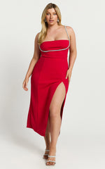Sharley Midi Dress - Diamante Detail Pencil Dress in Red