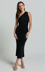Arietty Midi Dress - One Shoulder Asymmetrical Ruched Dress in Black