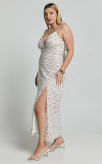 Elle Midi Dress - Ruched Bust Tie Strap Dress in White Floral