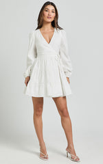 Brenda Mini Dress - Long Puff Sleeve Wrap Linen Blend Dress in Ivory