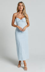 Zora Midi Dress - Halter Ruched Bust Slip Dress in Pale Blue
