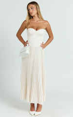 Loretta Midi Dress - Lace Up Back Bustier Pleated Dress in Cream