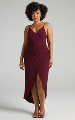 Lucky Day Midi Dress - V Neck Drape Dress in Wine