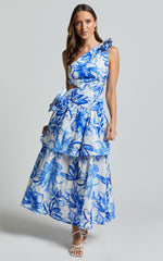 Honolulu Midi Dress - One Shoulder Tiered Dress in Blue and White Print