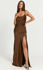 Emma Maxi Dress - Cowl Neck Front Split Dress in Chocolate