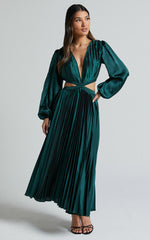 Jade Midi Dress - Side Cut Out Pleated Balloon Sleeve Dress in Emerald Green