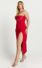 Sharley Midi Dress - Diamante Detail Pencil Dress in Red