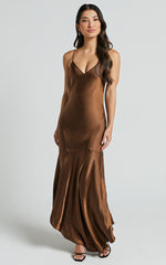 Etienne Midi Dress - Asymmetric Hem Satin Slip Dress in Chocolate