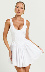 Ashlyn Mini Dress - Scoop Neck V Waist Gathered Dress in White
