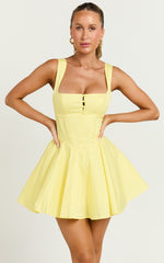 Indi Mini Dress - Square Neckline Lace Up Back Dress in Lemon