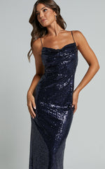 Cynthie Midi Dress - Strappy Cowl Neck Sequin Slip Dress in Navy