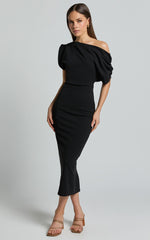 Nalfie Midi Dress - Tipped Shoulder Jersey Drape Dress in Black