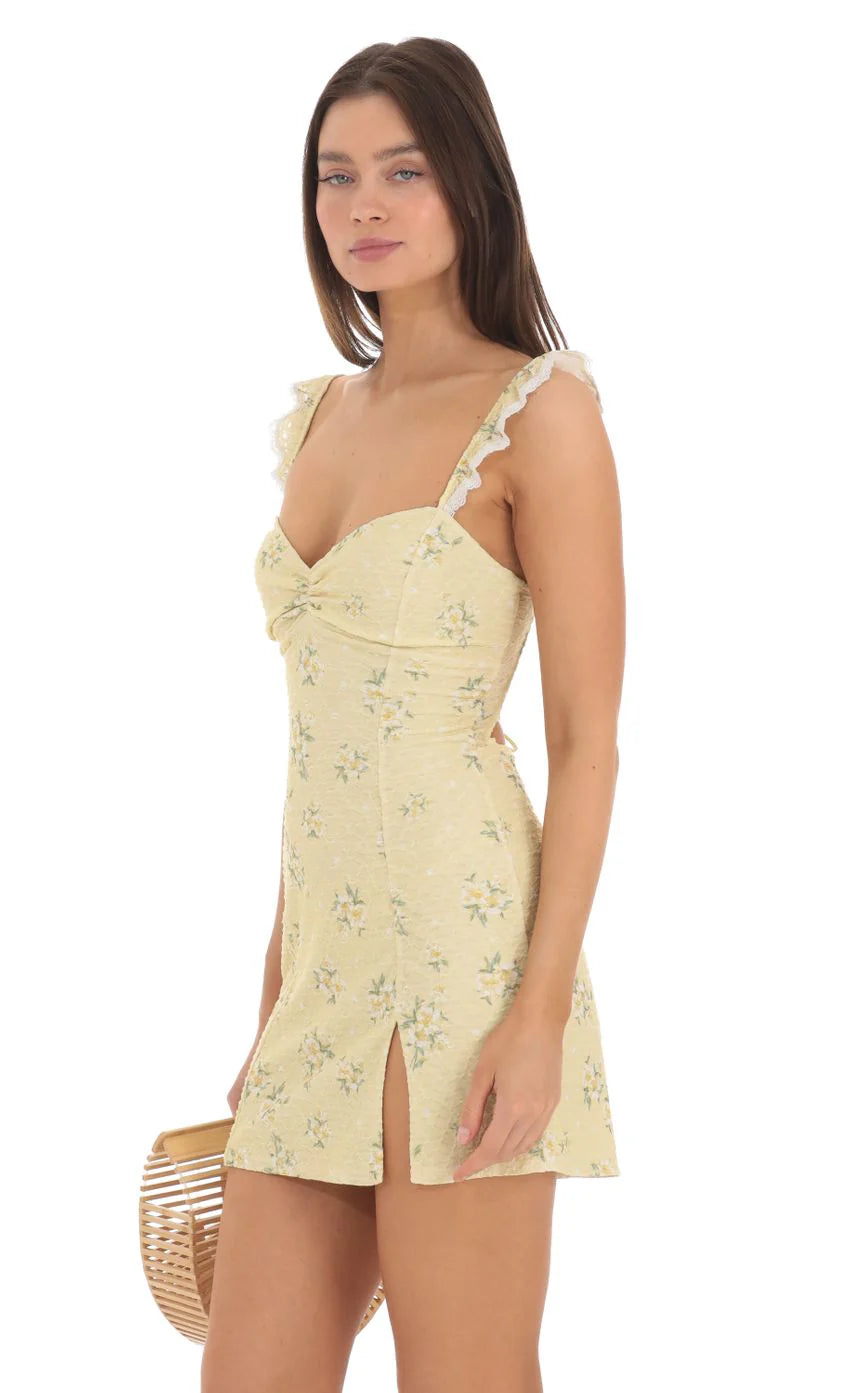 Floral Sweetheart Neck Dress in Yellow