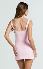 Arna Mini Dress High Neck Fitted Bow Detail Leg Split Fitted Dress in Pink