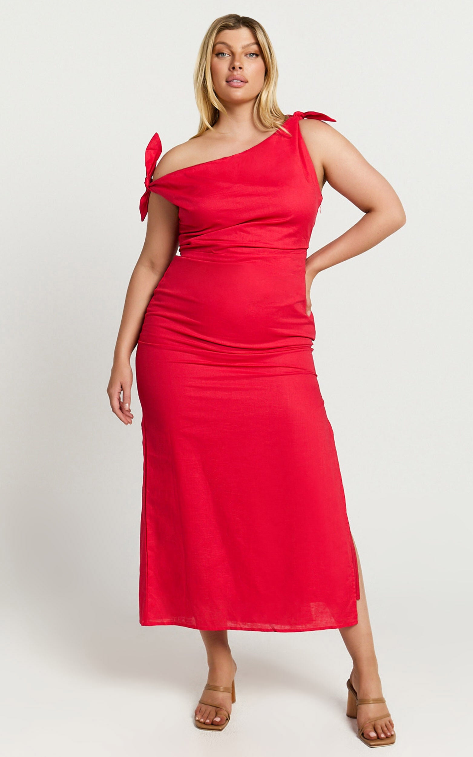 Cincinnati Midi Dress - Off The Shoulder Side Split Column Linen Dress in Red