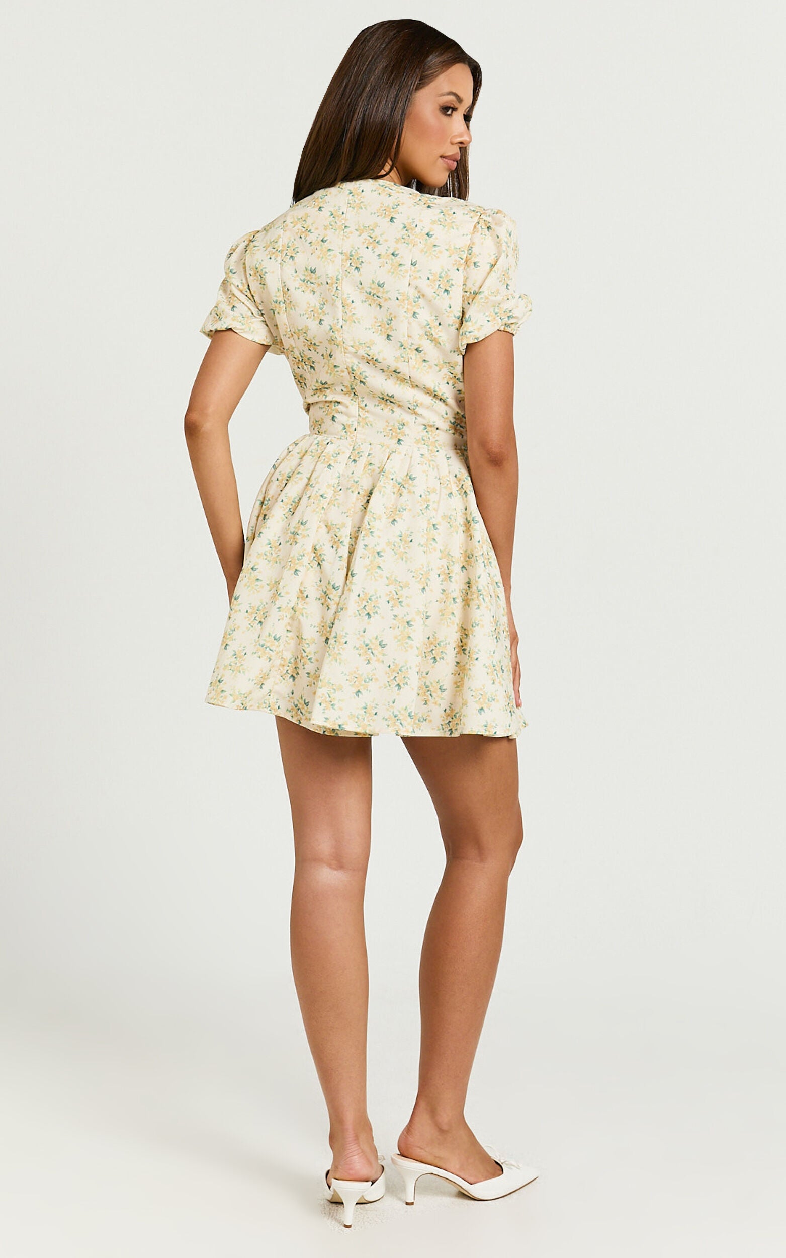 Jefelyn Mini Dress - Puff Sleeve Fit & Flare Dress in Lemon Vintage Floral