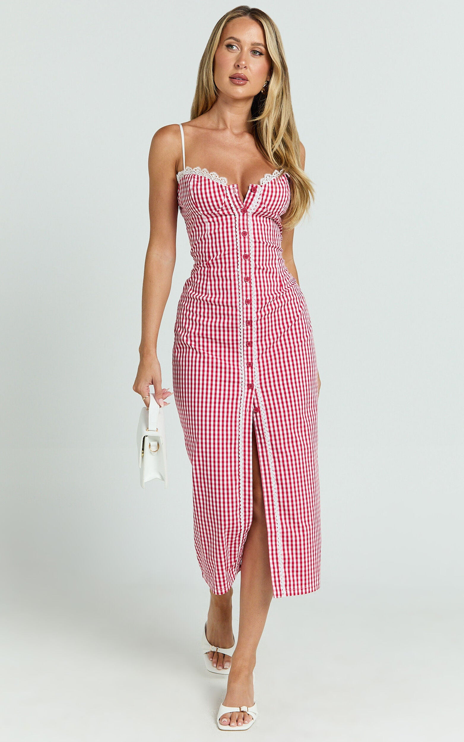 Anessa Midi Dress - Button Front Bustier Fitted Dress in Red Gingham