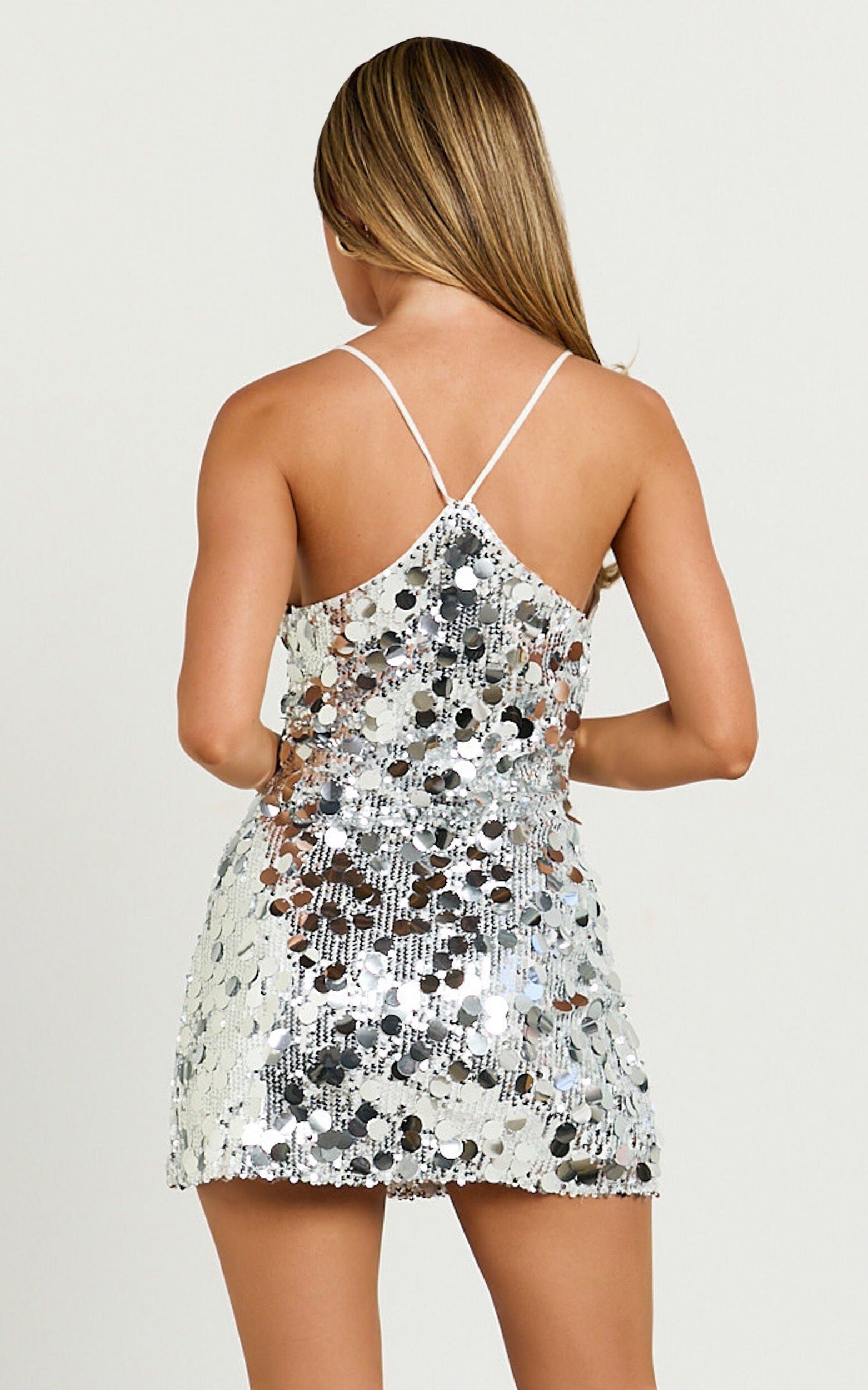 Amore Mini Dress - Sequin V Neck Slip Dress in Silver