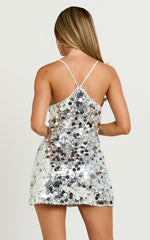 Amore Mini Dress - Sequin V Neck Slip Dress in Silver