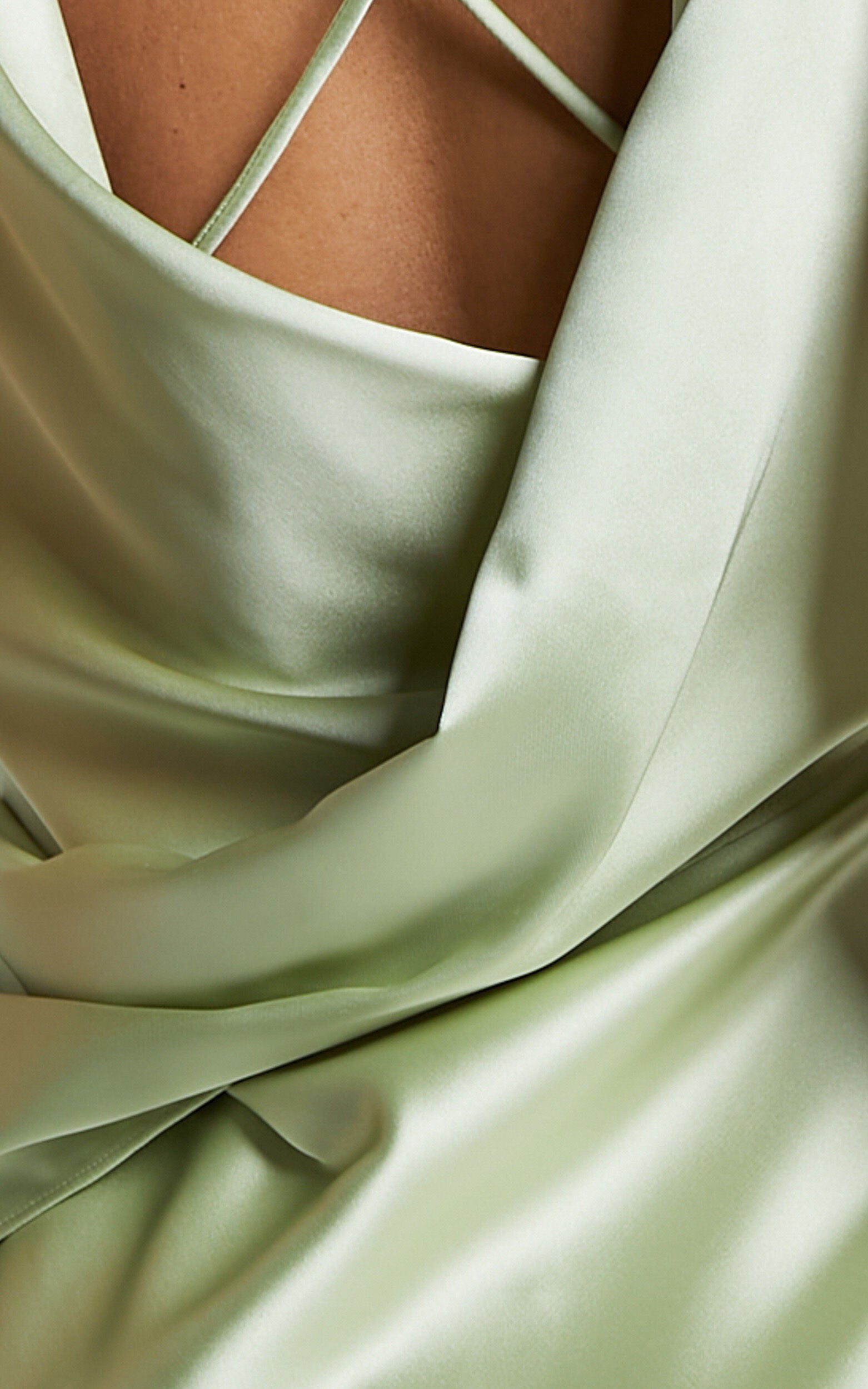 Bettina Midi Dress- Deep V Cross Back Satin Dress in Apple Green