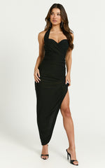 Albany Maxi Dress - Halter Ruched Asymmetrical Dress in Black