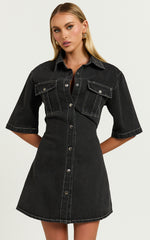 Leilani Mini Dress - Denim Short Sleeve Button Up Dress in Washed Black