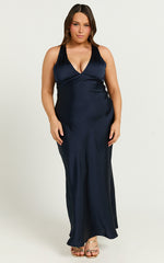 Khalani Midi Dress - Deep V Neck Satin Slip Dress in Navy