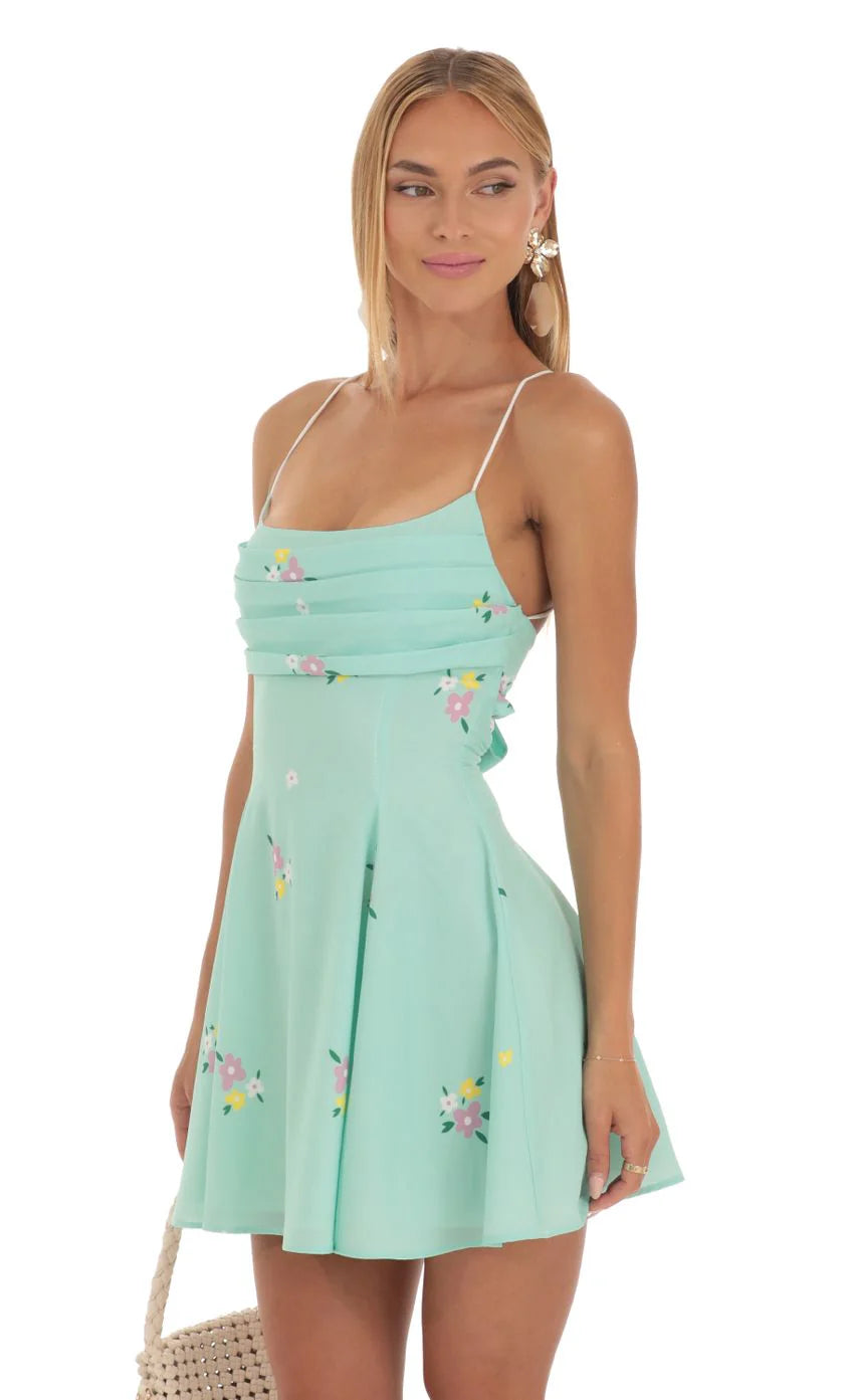 Draped A-Line Dress in Mint Floral Print