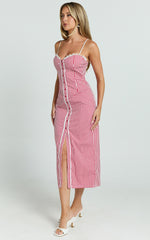 Anessa Midi Dress - Button Front Bustier Fitted Dress in Red Gingham