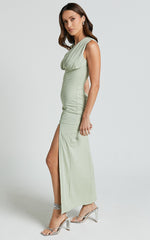 Andy Midi Dress - Asymmetrical Cap Sleeve High Slit Slip Dress in Sage