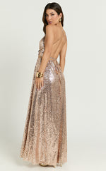 Harvey Maxi Dress - Sequin Plunge Front High Split Dress in Rose Gold